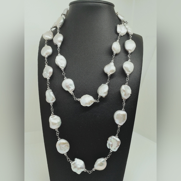 36" Gray Flat Baroque Iridescent CFWP Pearl Strand Necklace - Picture 3 of 9